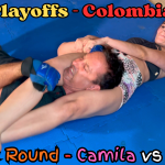 College girl traps man with a side headscissors in a mixed wrestling match