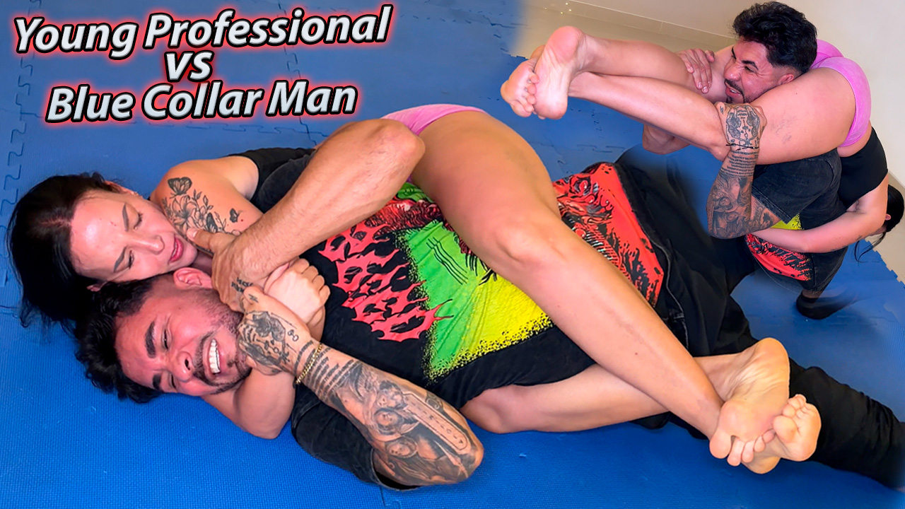 young professional woman gets behind her male opponent and applies a rear naked choke in a mixed wrestling match