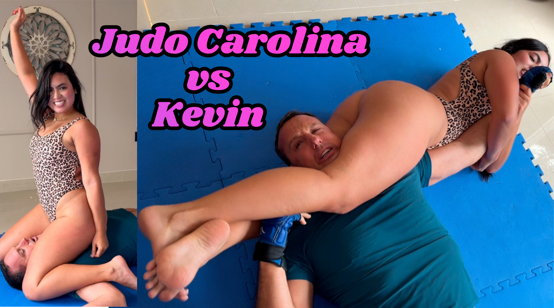 A beautiful woman uses a side headscissor hold to defeat a man in a mixed wrestling match