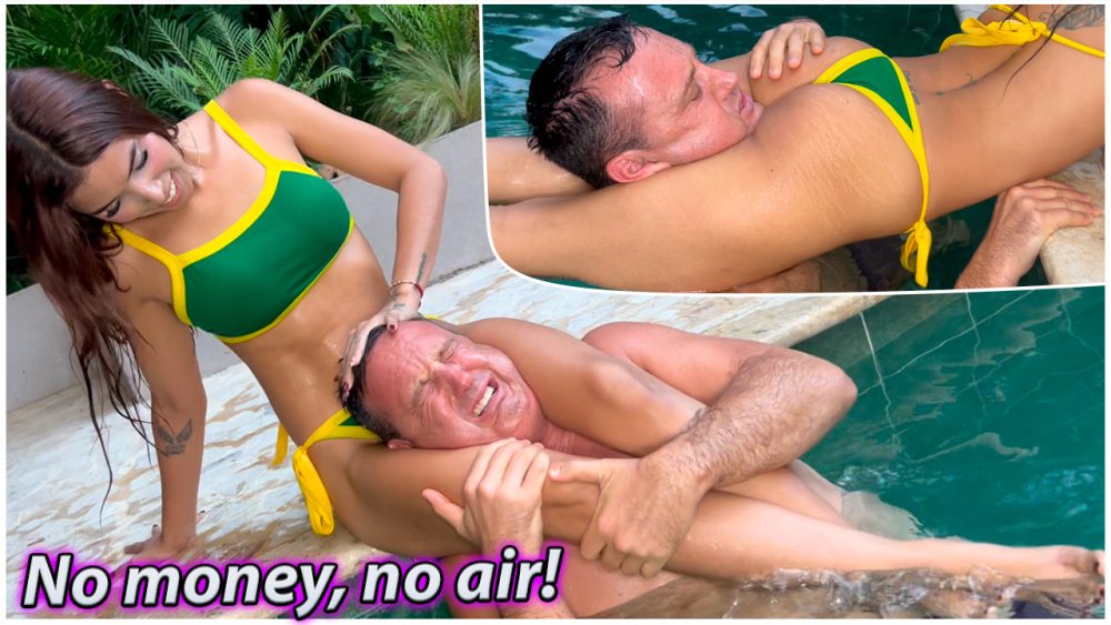 Petite woman in bikini completely dominates a man in the pool with her legs