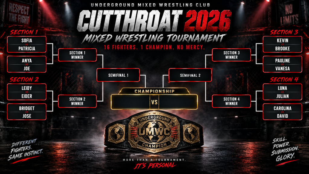 Bracket layout for the 2026 Cutthroat Mixed wrestling tournament sponsored by kinksports